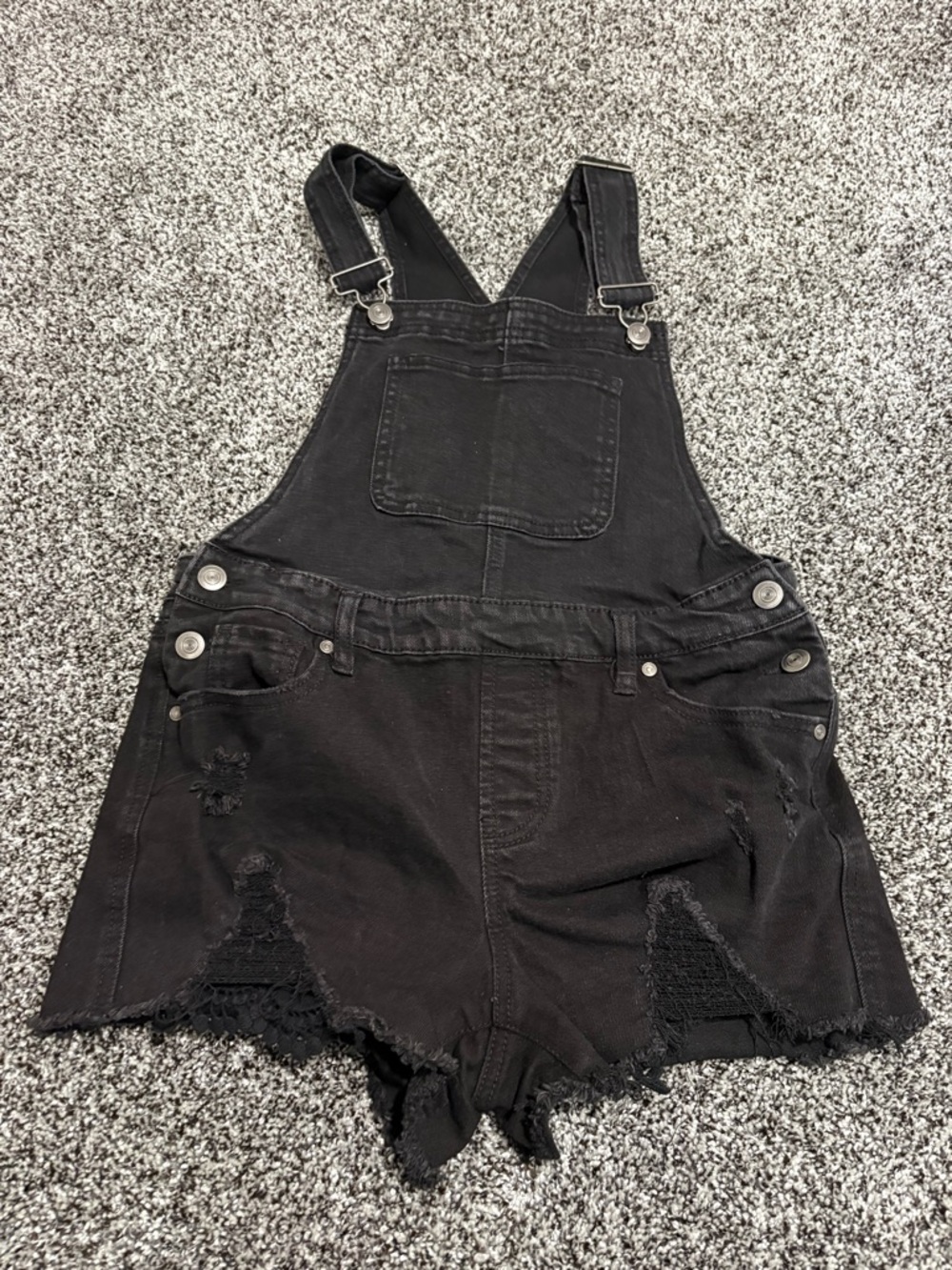 Black Distressed Denim Short Overalls juniors size 7-9 medium
